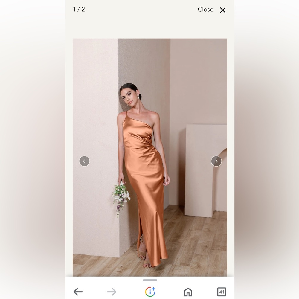 Revelry Jade Satin One-Shoulder Bridesmaid Dress in Copper, worn once, size 10